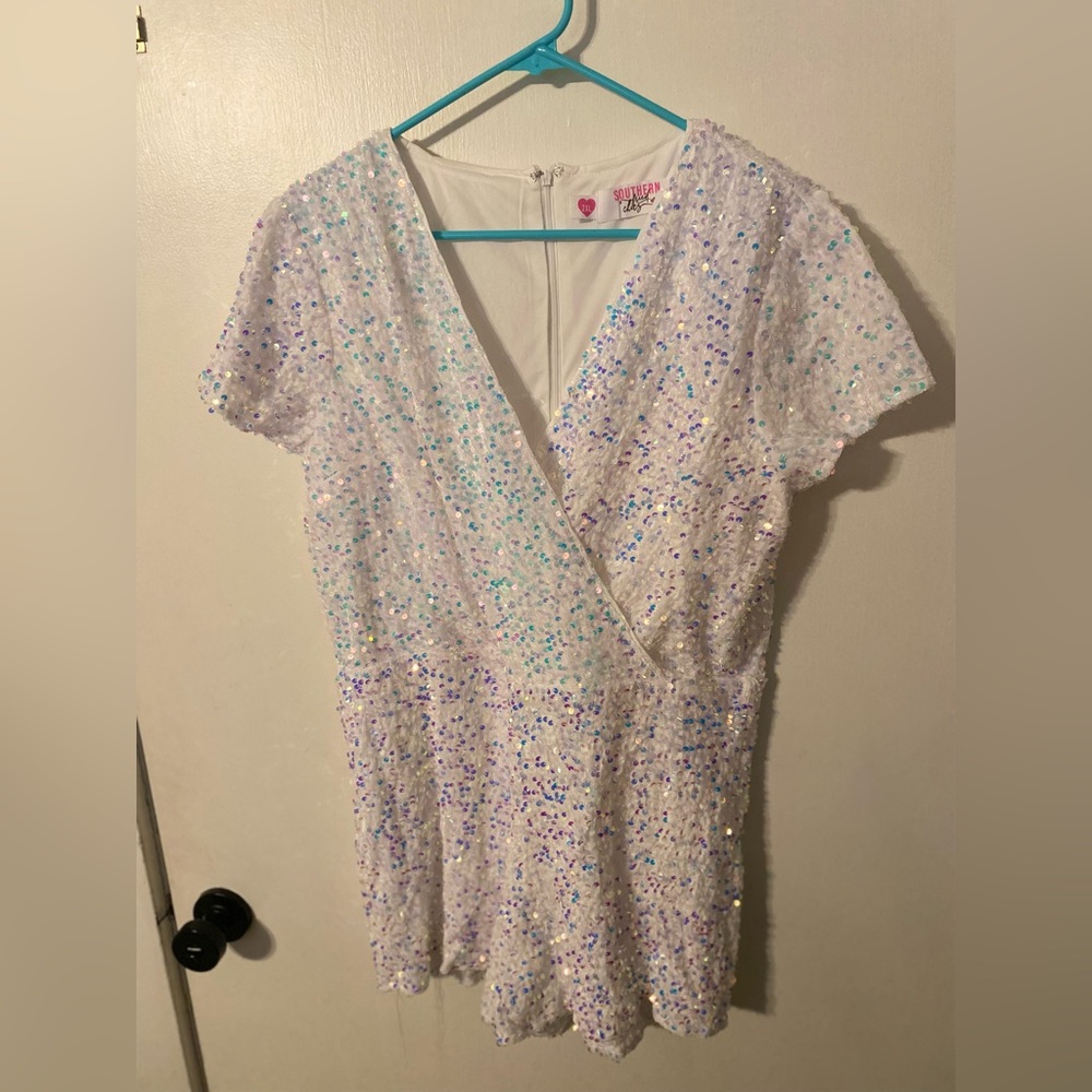 Shimmer, white, romper NWT! Fits more like a L/XL but has stretch.
